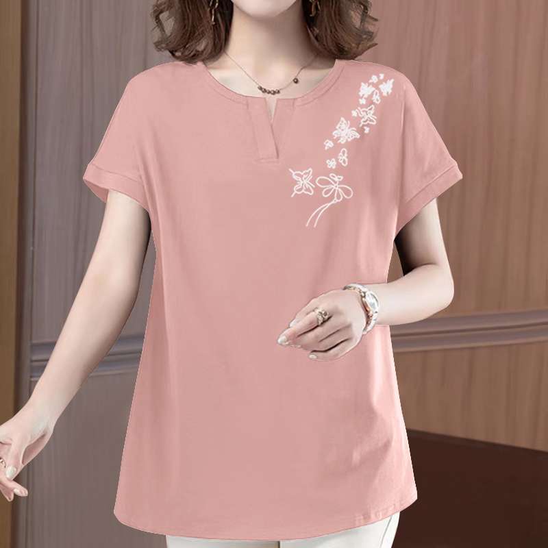 40代ファッション レディース 刺繍入り花柄ゆったりTシャツ