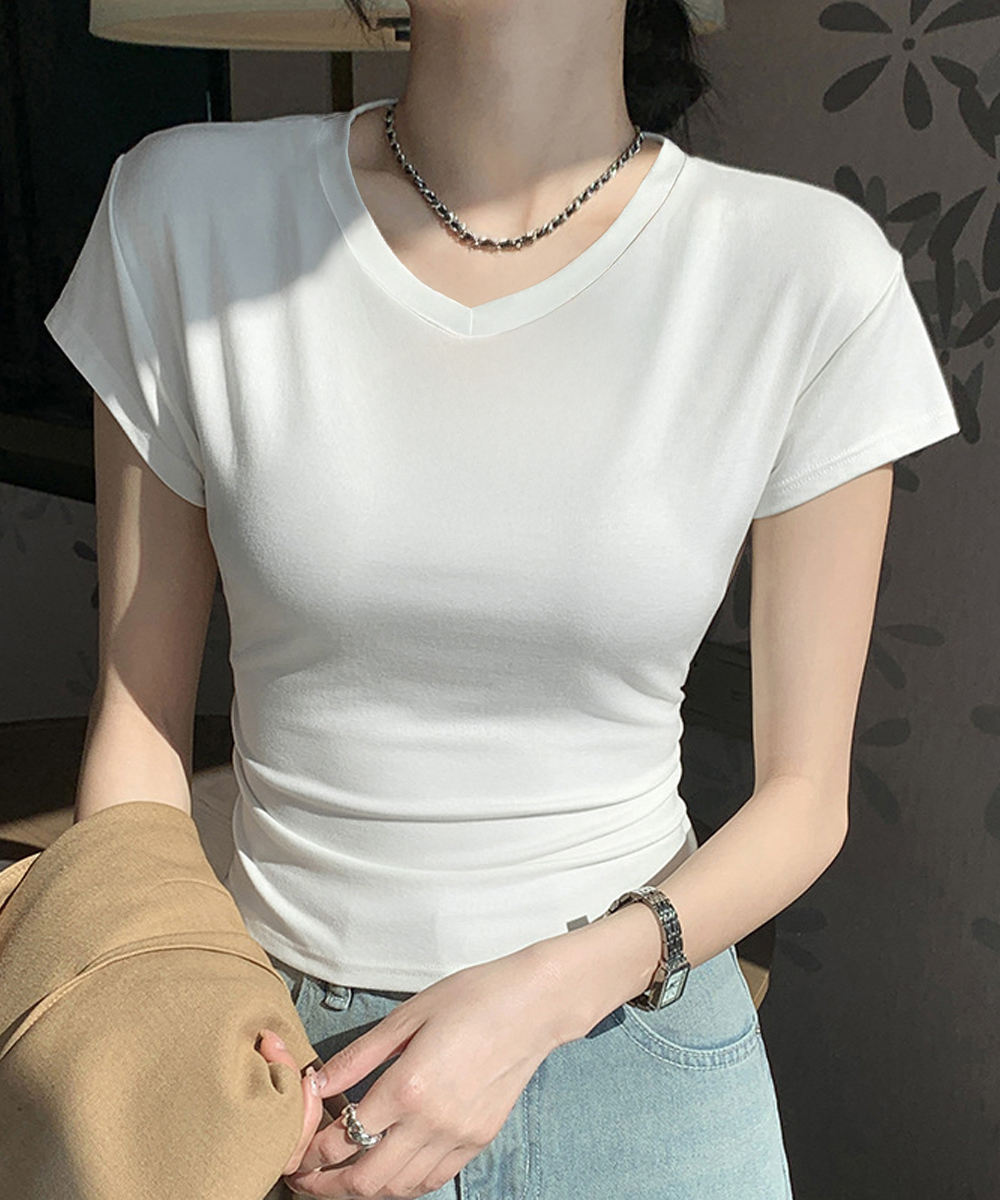 40代ファッション 美シルエット サイドギャザー Vネック半袖Tシャツ