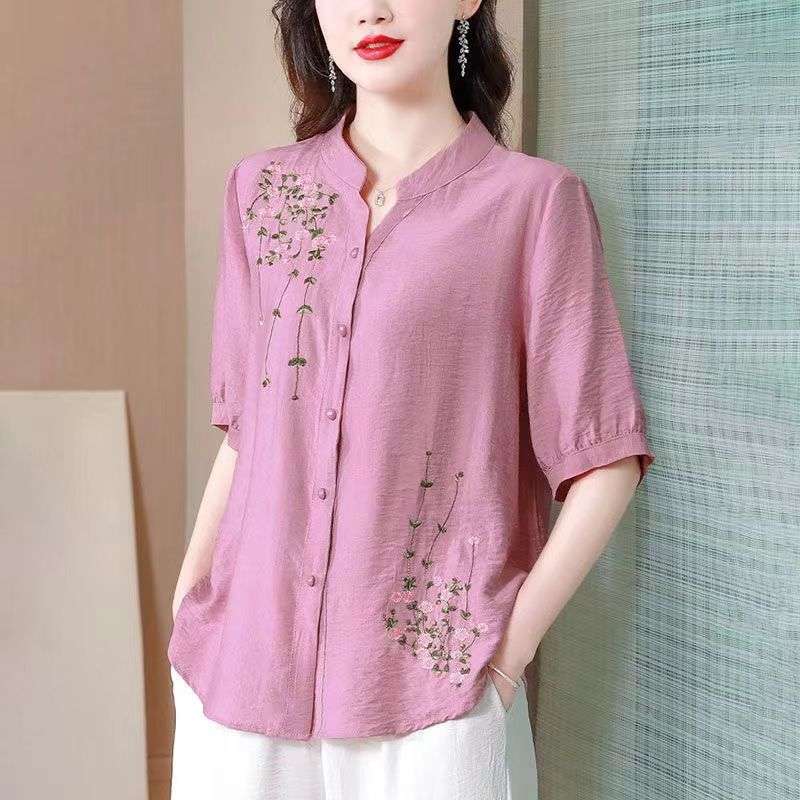 40代ファッション レディース 花刺繍入り七分袖シャツブラウス