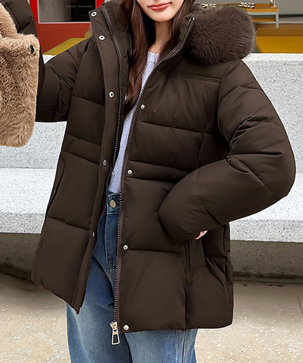 40代ファッション ファー付き中綿ダウンジャケット ウエストベルト