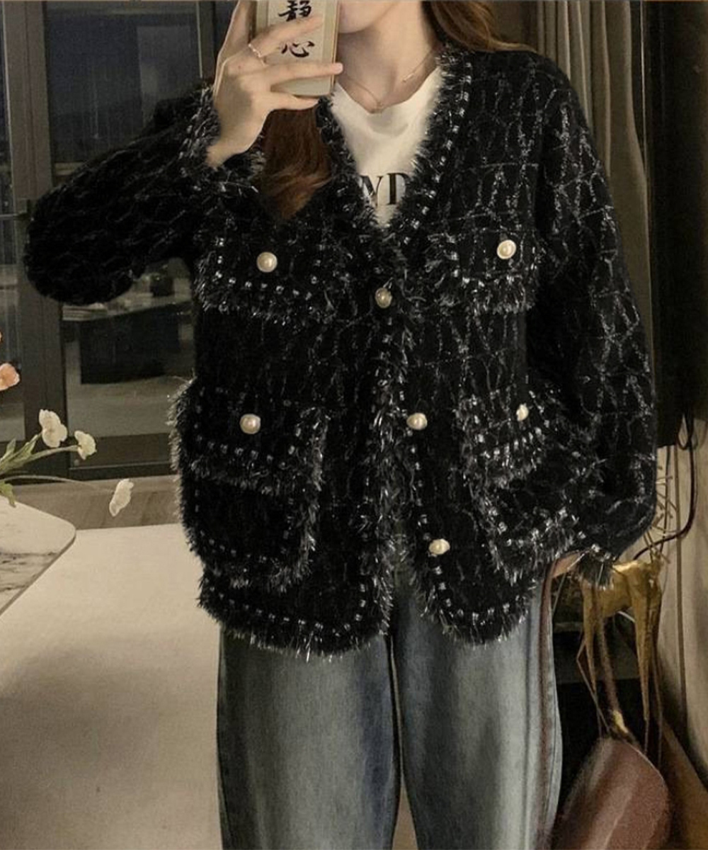 40代ファッション ツイード風ニットジャケット上品レディース