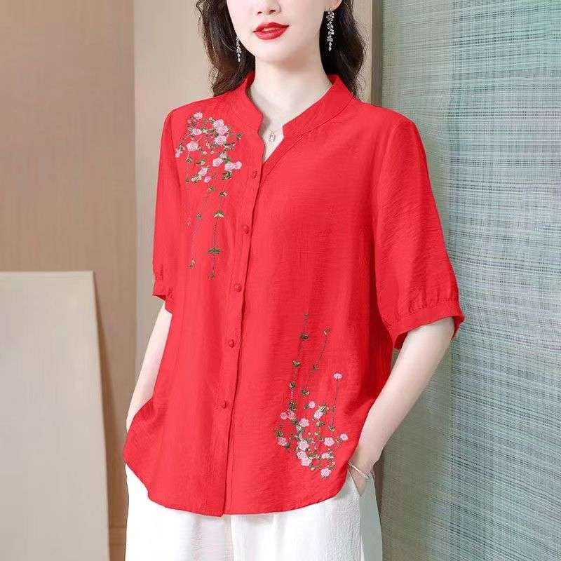 40代ファッション レディース 花刺繍入り七分袖シャツブラウス