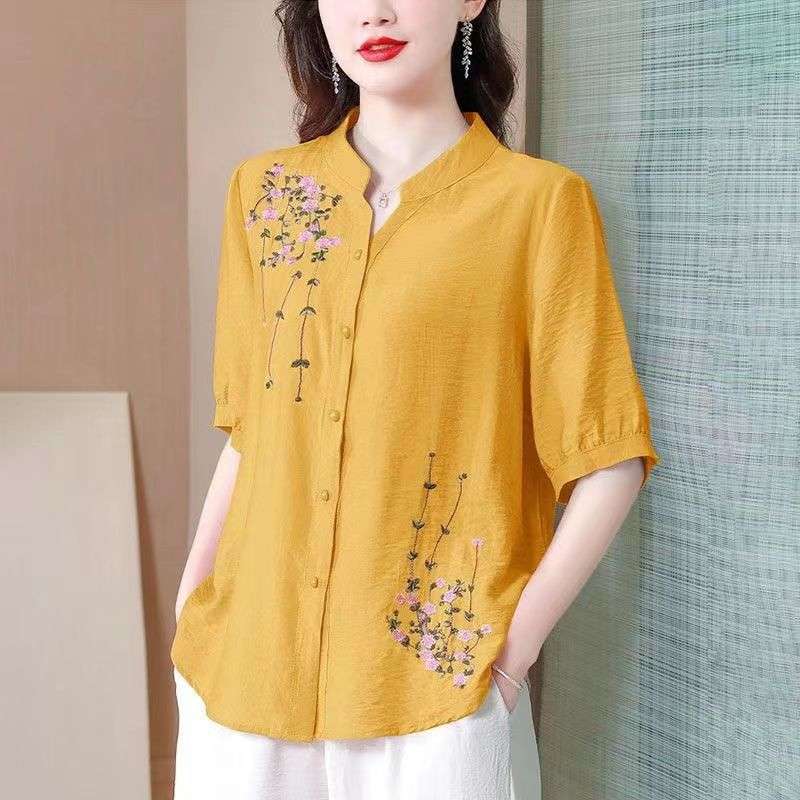 40代ファッション レディース 花刺繍入り七分袖シャツブラウス