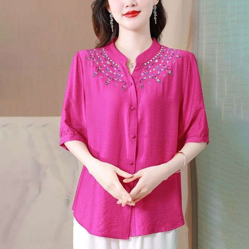 40代ファッション レディース 花柄刺繍入り七分袖ブラウス