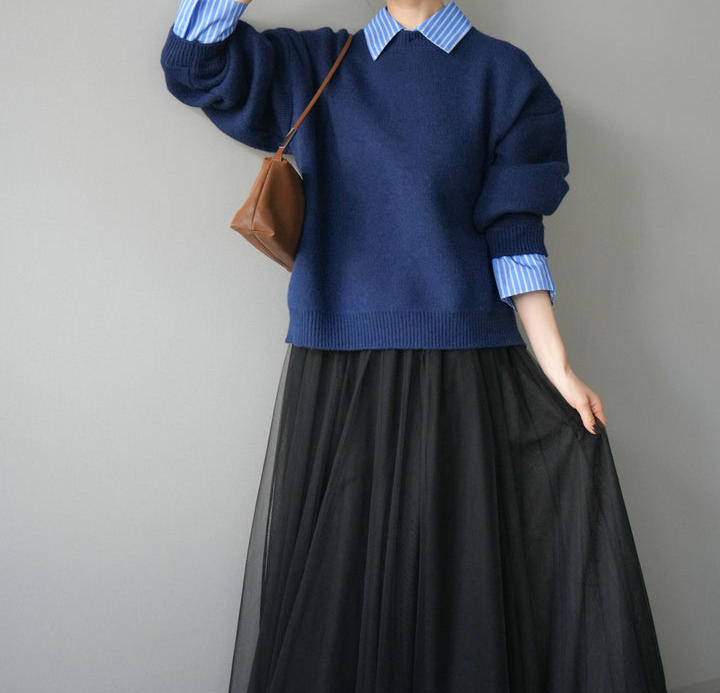 40代ファッション 大人上品ニットプルオーバーとチュールスカートセット