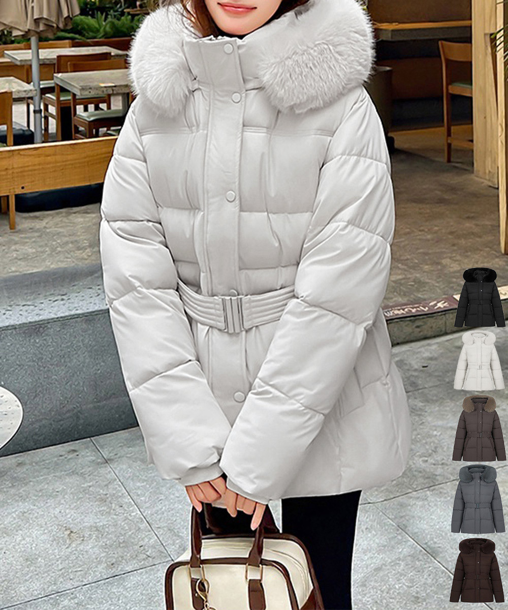 40代ファッション ファー付き中綿ダウンジャケット ウエストベルト