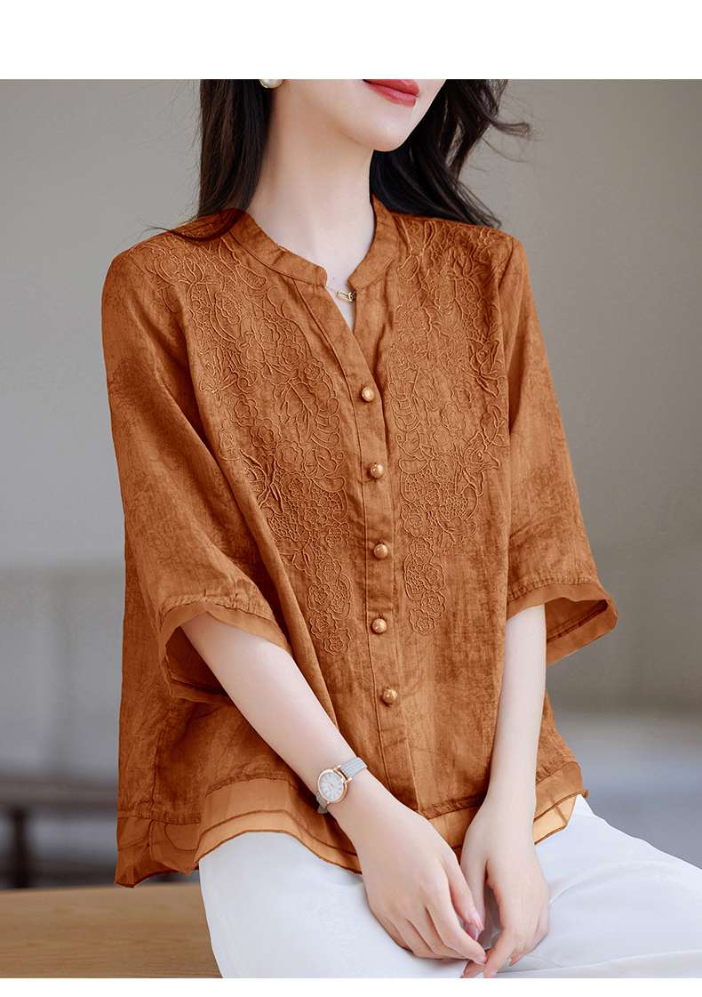 40代ファッション レディース 刺繍入りシアー素材ブラウス