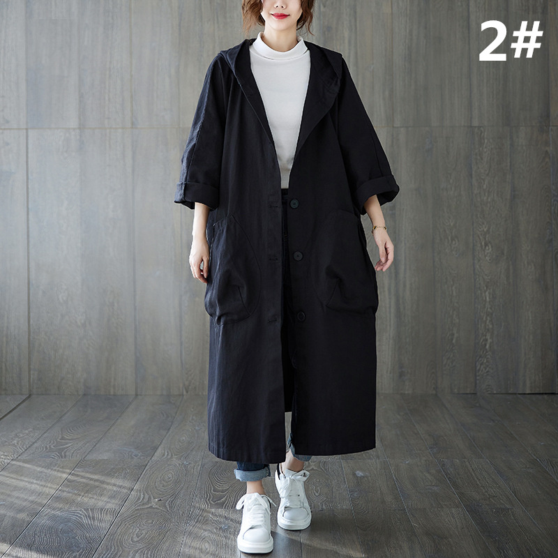 40代ファッション フード付きロング丈トレンチコート ゆったりシルエット春秋アウター