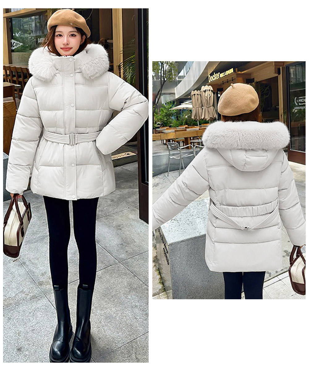 40代ファッション ファー付き中綿ダウンジャケット ウエストベルト