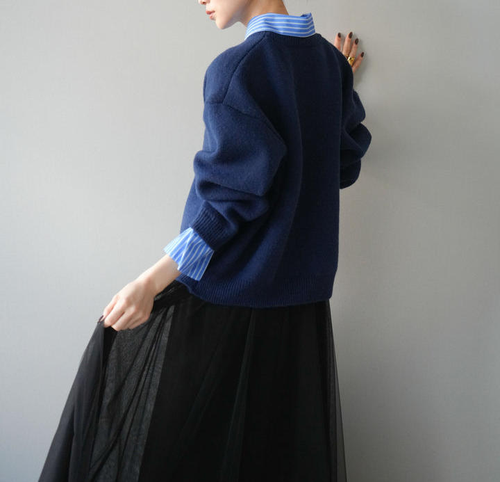 40代ファッション 大人上品ニットプルオーバーとチュールスカートセット