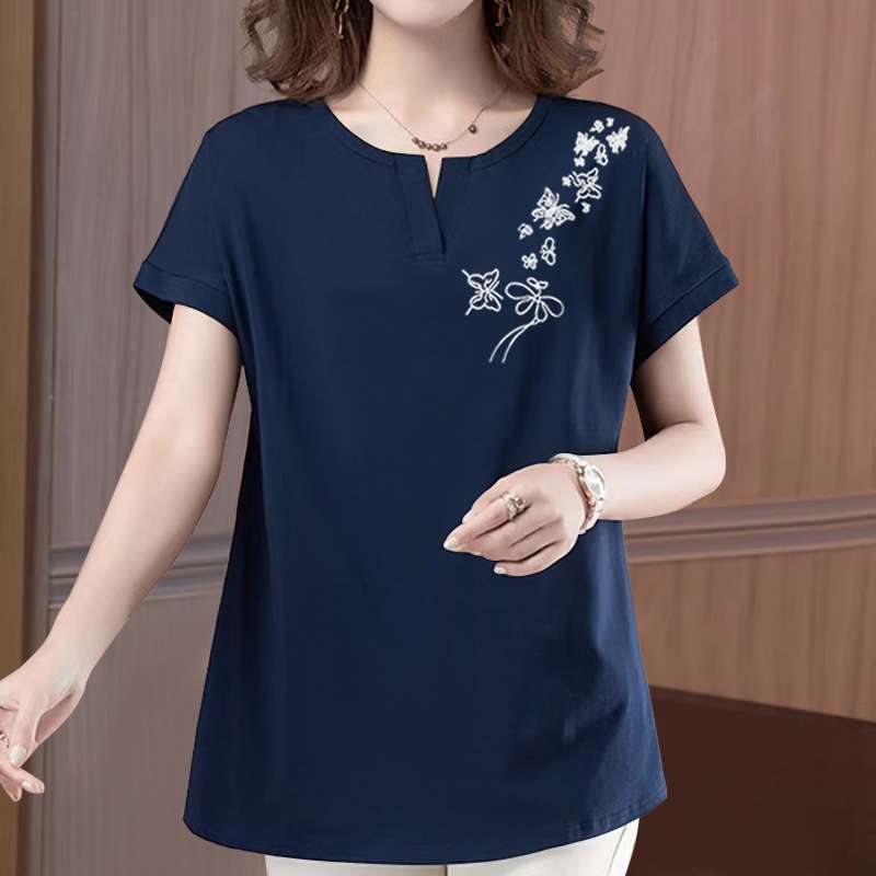 40代ファッション レディース 刺繍入り花柄ゆったりTシャツ