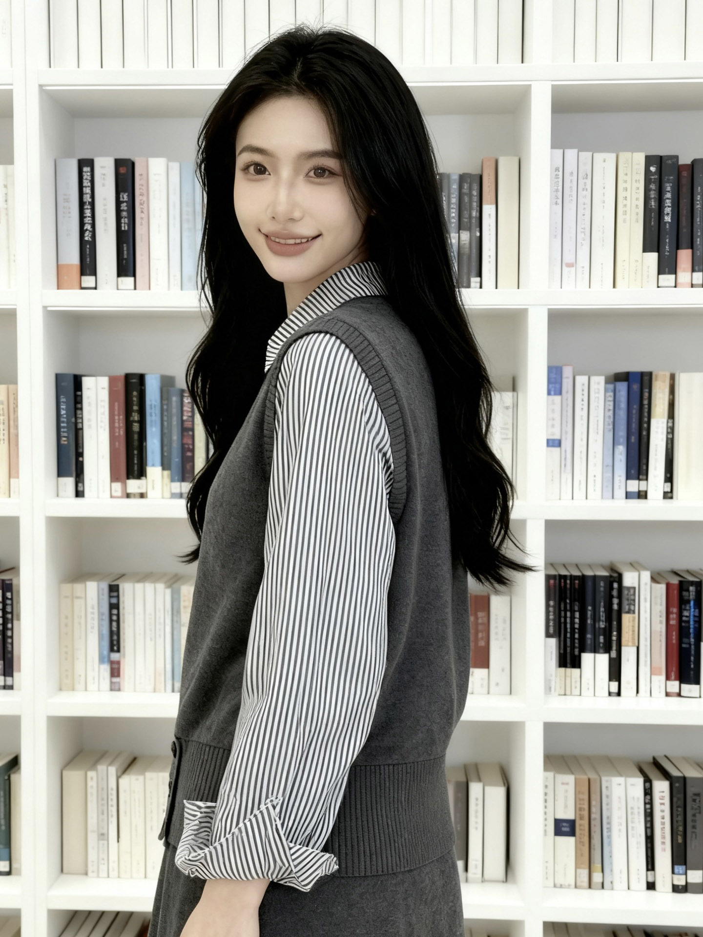 40代ファッション 縦縞シャツ重ね着風ニットベストセット