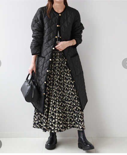 40代ファッション キルティング中綿ロングコート 体型カバー 防寒