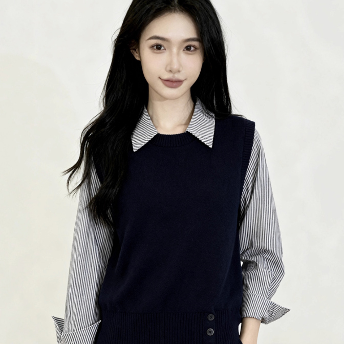 40代ファッション 縦縞シャツ重ね着風ニットベストセット