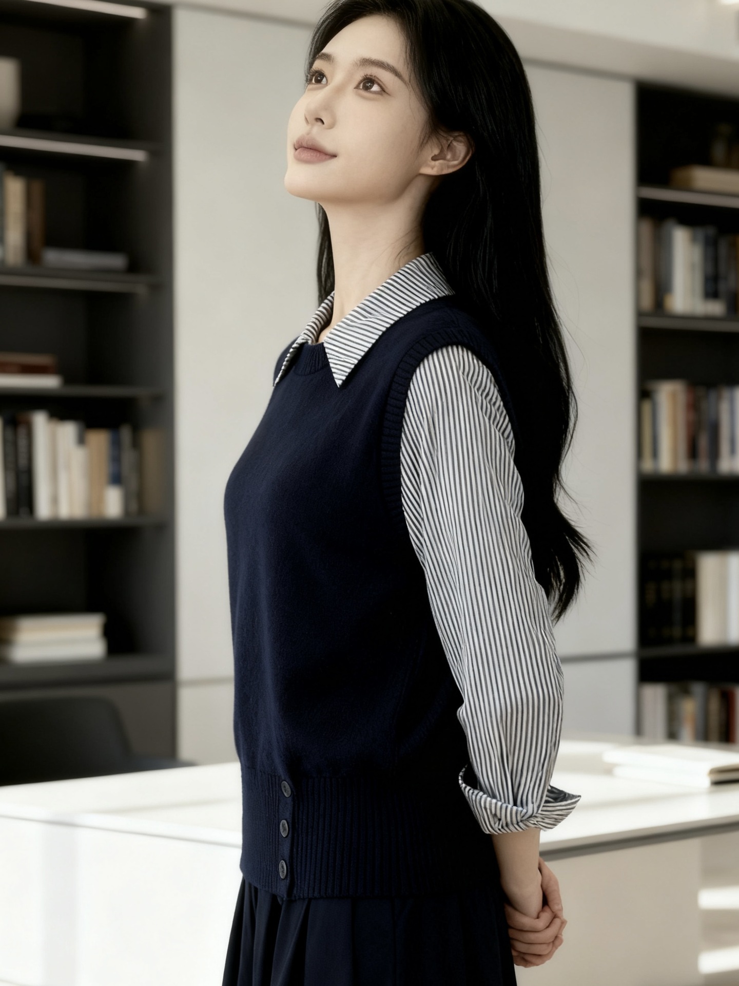 40代ファッション 縦縞シャツ重ね着風ニットベストセット