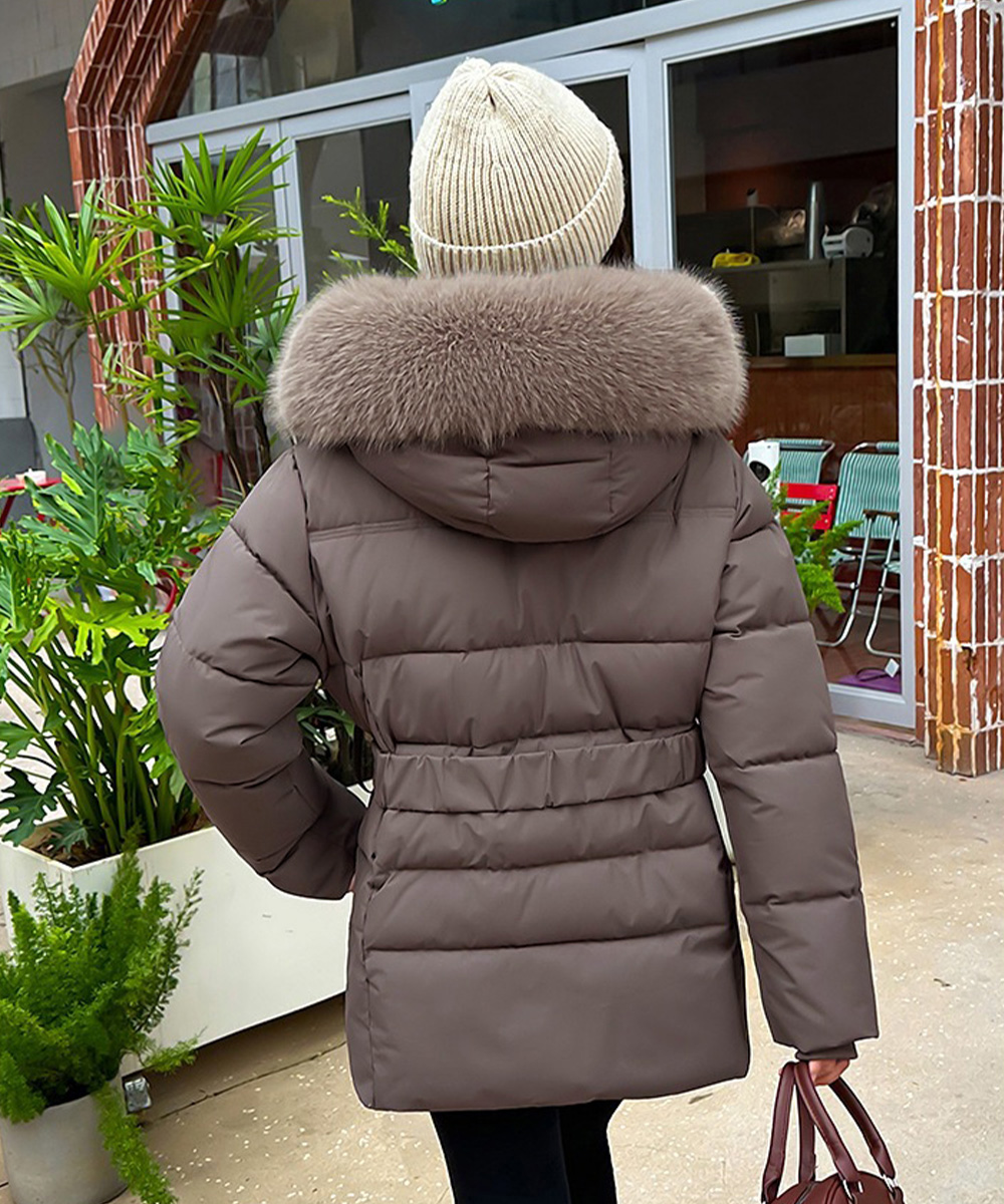 40代ファッション ファー付き中綿ダウンジャケット ウエストベルト