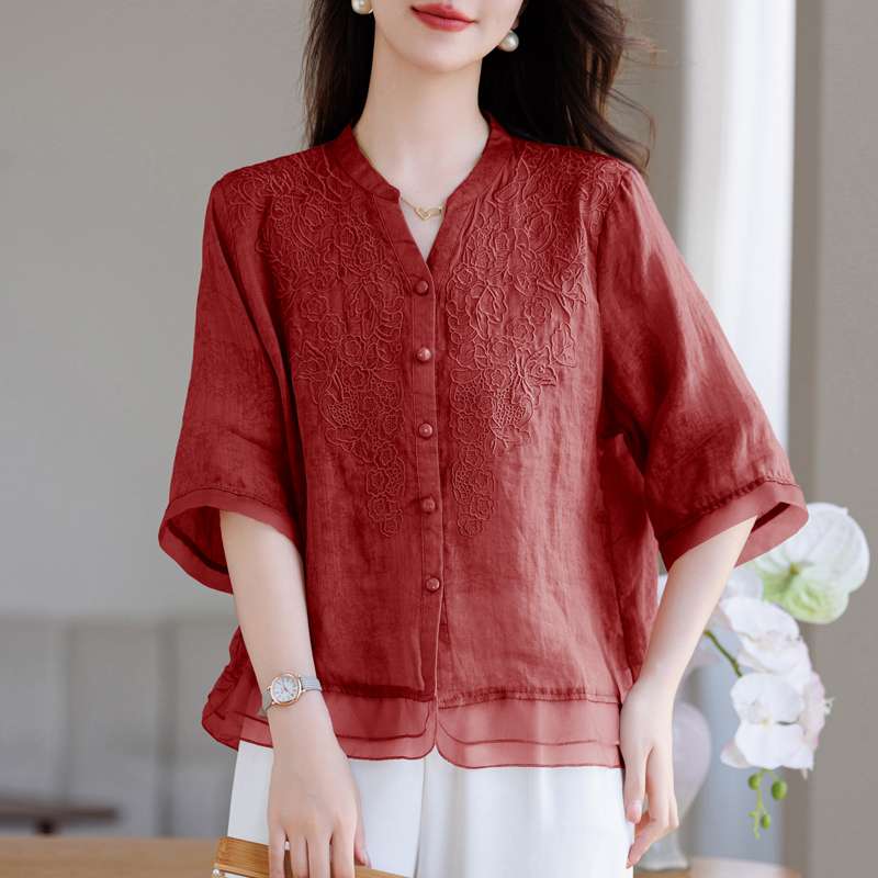 40代ファッション レディース 刺繍入りシアー素材ブラウス