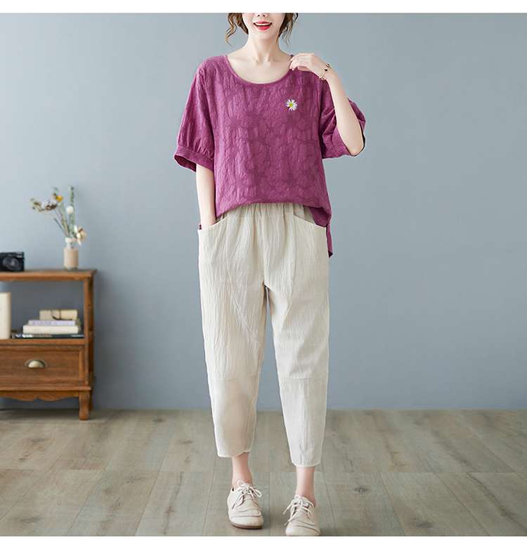 40代ファッション レディース ゆったりデザイン 花刺繍入り半袖Tシャツ