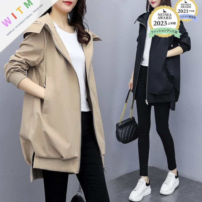 40代ファッション 大人のミドル丈パーカーコート フード付き春秋アウター