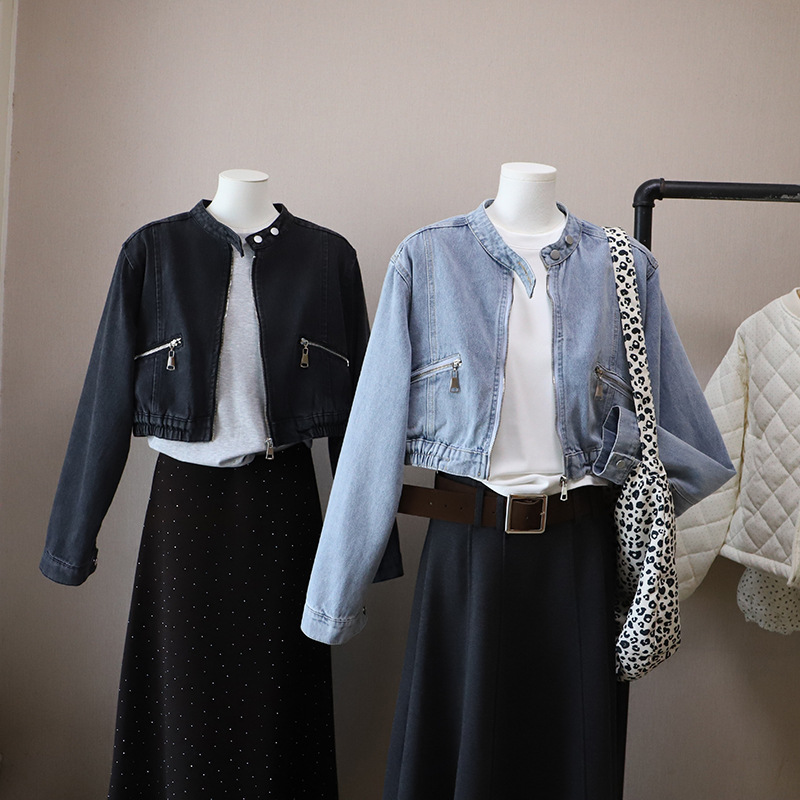 40代ファッション 韓国風デニムジャケット ショート丈ブルゾン 2色展開