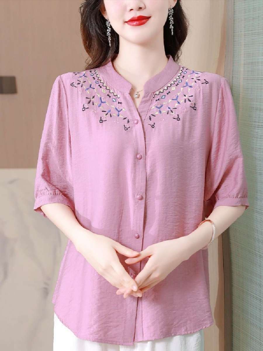 40代ファッション レディース 花柄刺繍入り七分袖ブラウス