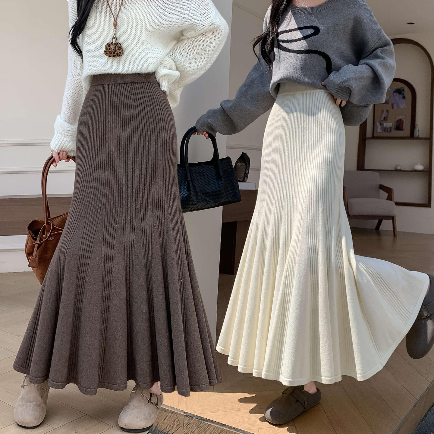 40代ファッション 上品リブニット マーメイドロングスカート