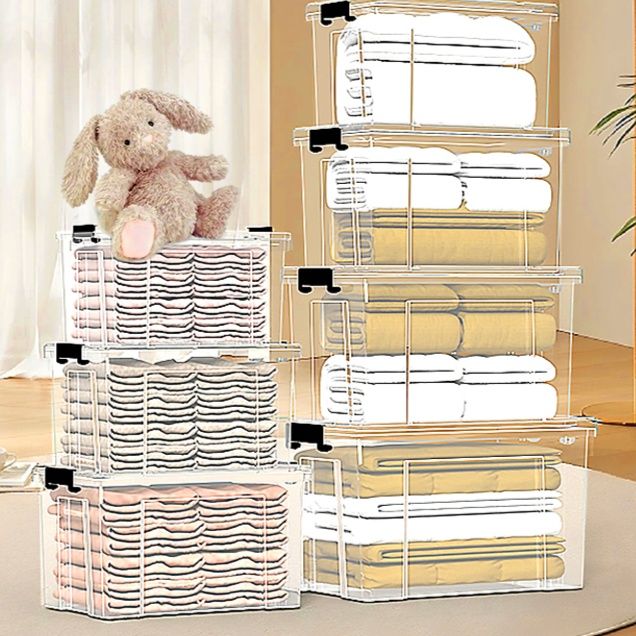 ベッド 下 収納 透明蓋付き多サイズ展開積み重ね式衣装ケース