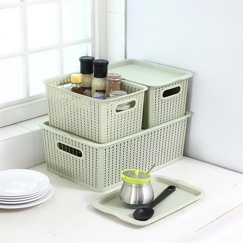 ベッド 下 収納 取っ手付き編み目デザイン蓋付き収納ボックス三個組