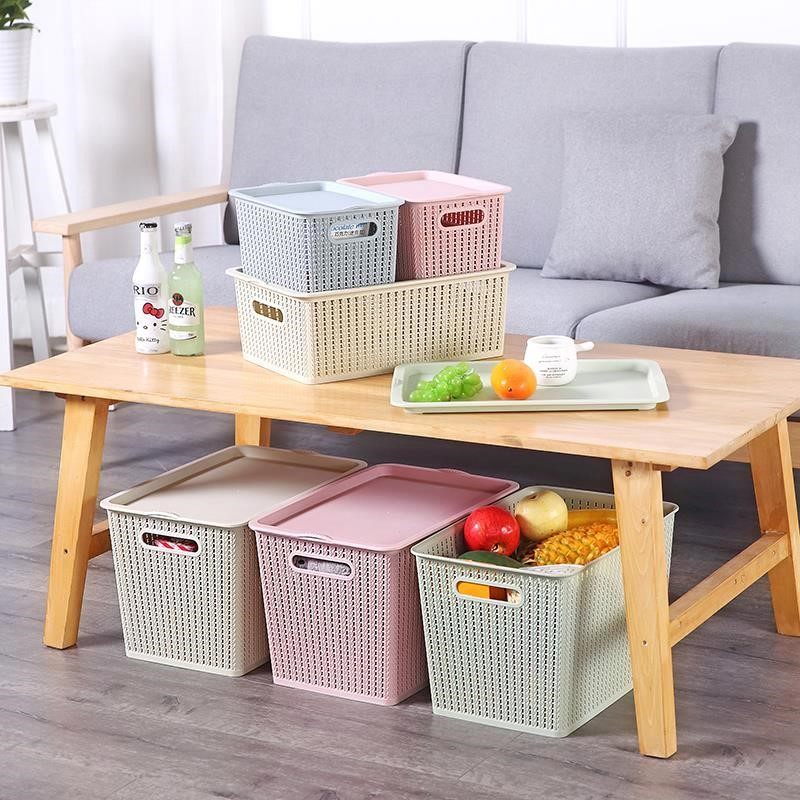 ベッド 下 収納 取っ手付き編み目デザイン蓋付き収納ボックス三個組