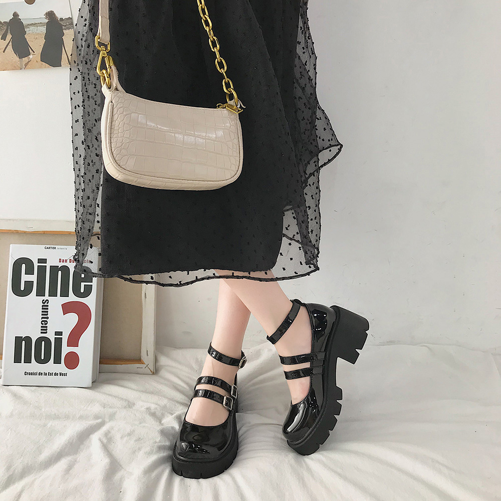 黒厚底ローファー三本帯丸い頭パンプス女性靴