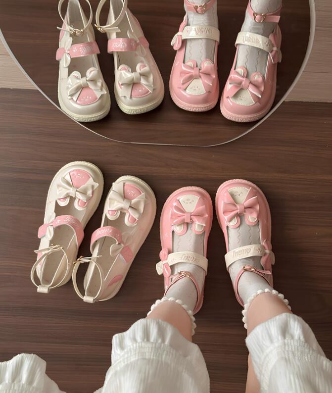 厚底パンプス 姫系りぼん付きストラップ靴 甘可愛い