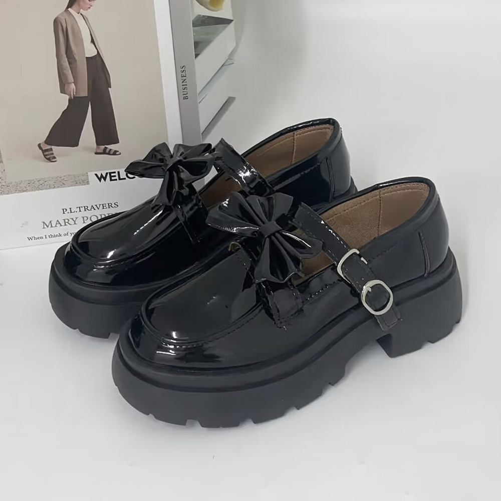 厚底ローファー レディース 取り外し可能リボン付き