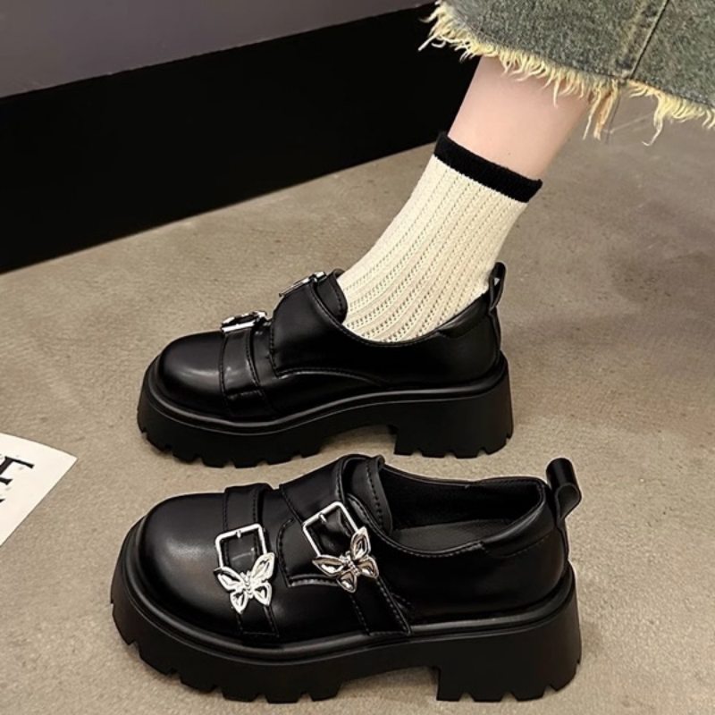 厚底ローファー 合成皮革 蝶々金具 女性用靴