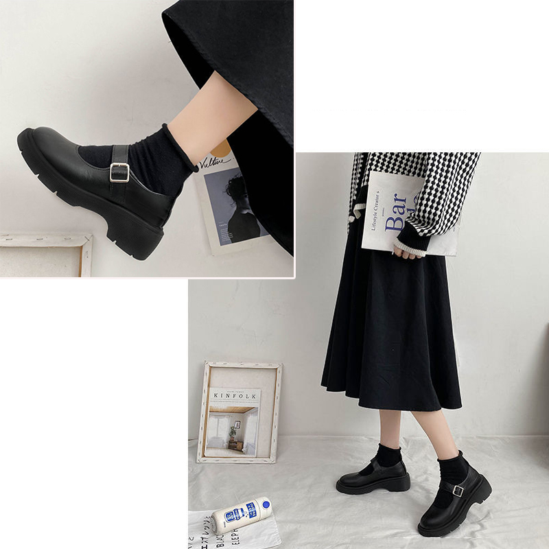 厚底ローファー レディース ストラップ 黒 光沢マット二種類