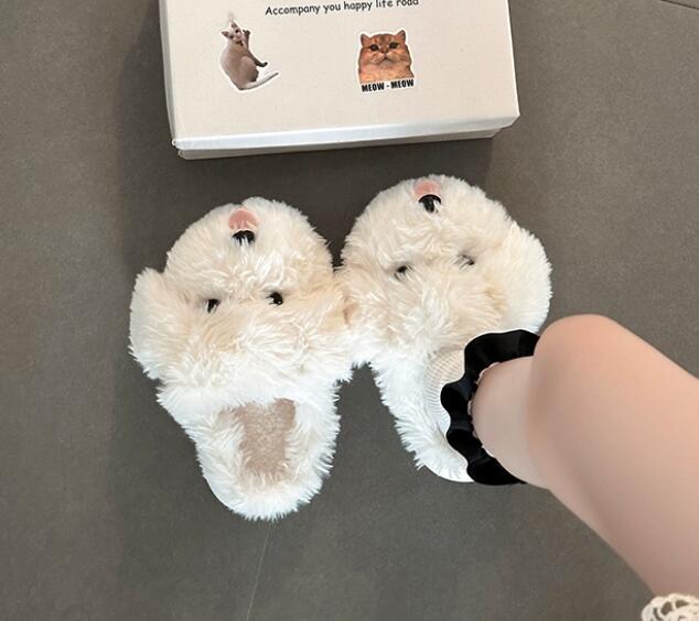 【ほっこり癒し】犬顔もこもこ厚底スリッパ（3cm・秋冬つっかけ）