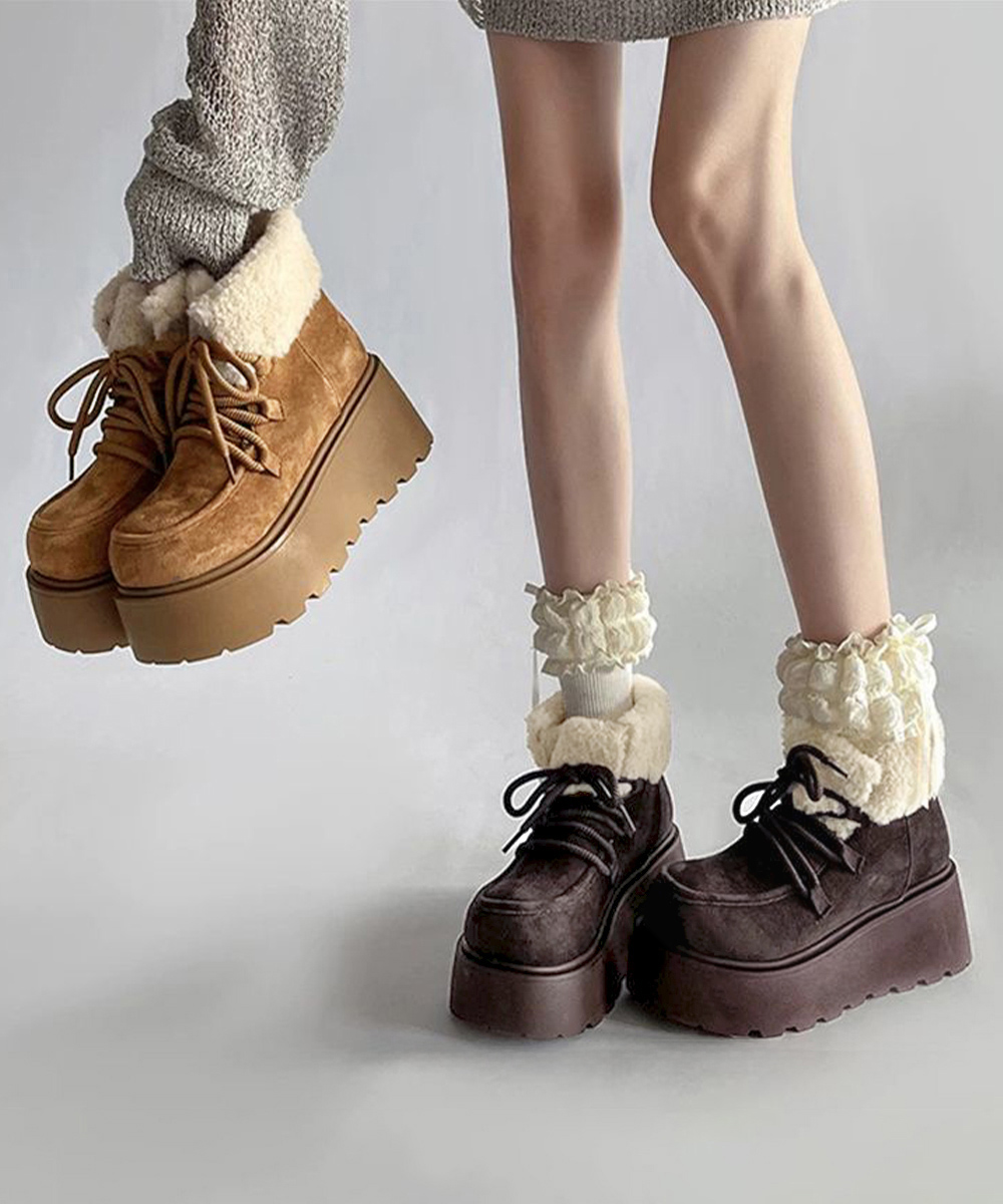 厚底ムートンブーツ編み上げショートブーツ