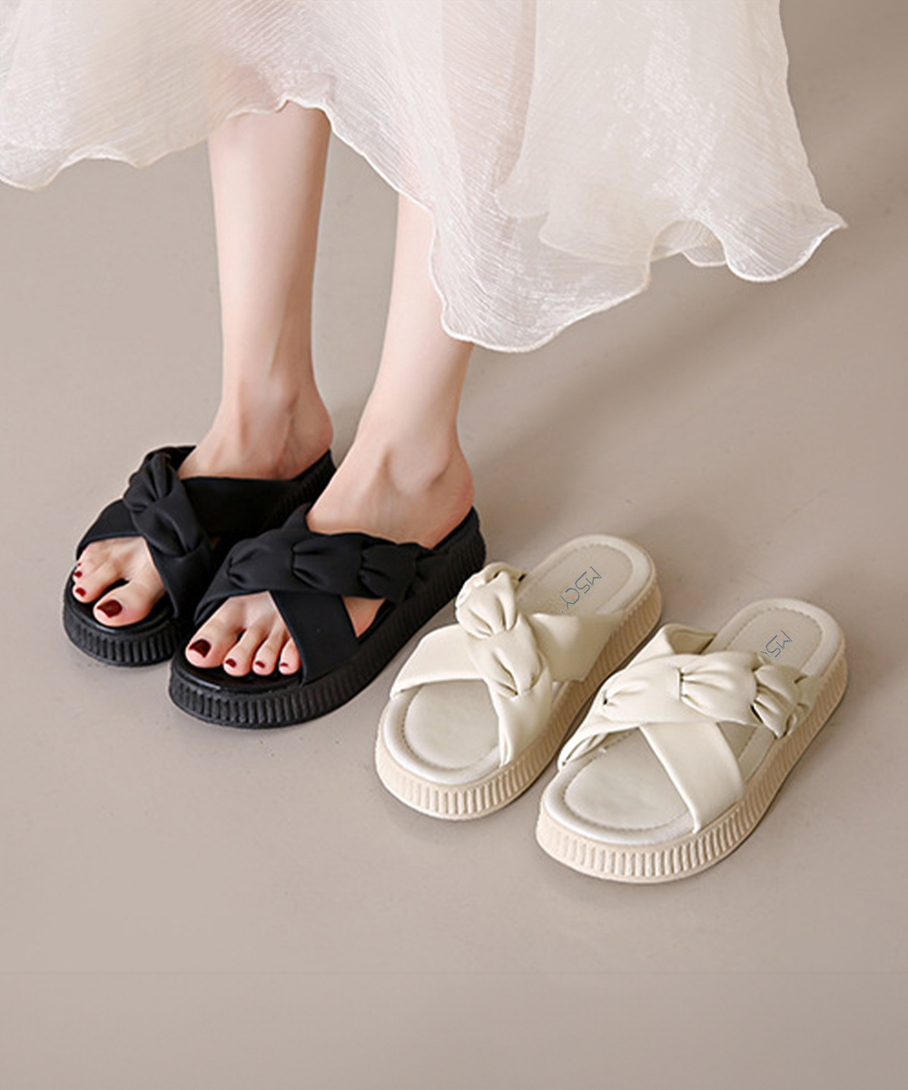 レディース厚底サンダル リボン付きスリッパ