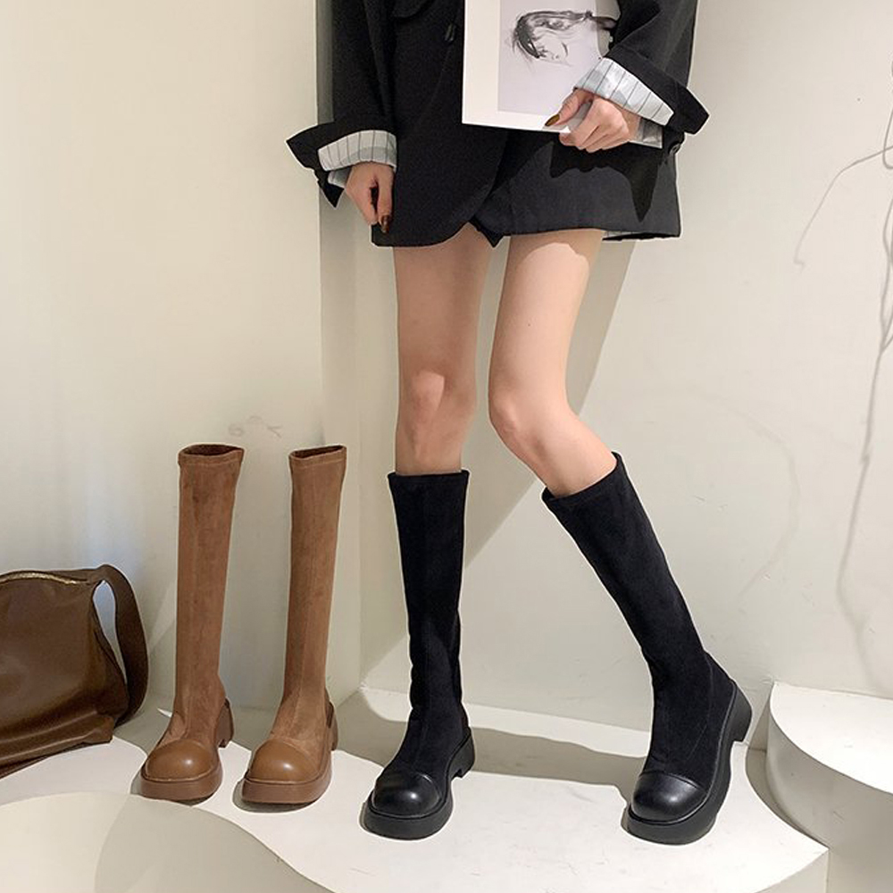 【韓国風×美脚】ラウンドトゥ 厚底ロングブーツ｜4.5cmヒール×異素材ミックス×脚長設計
