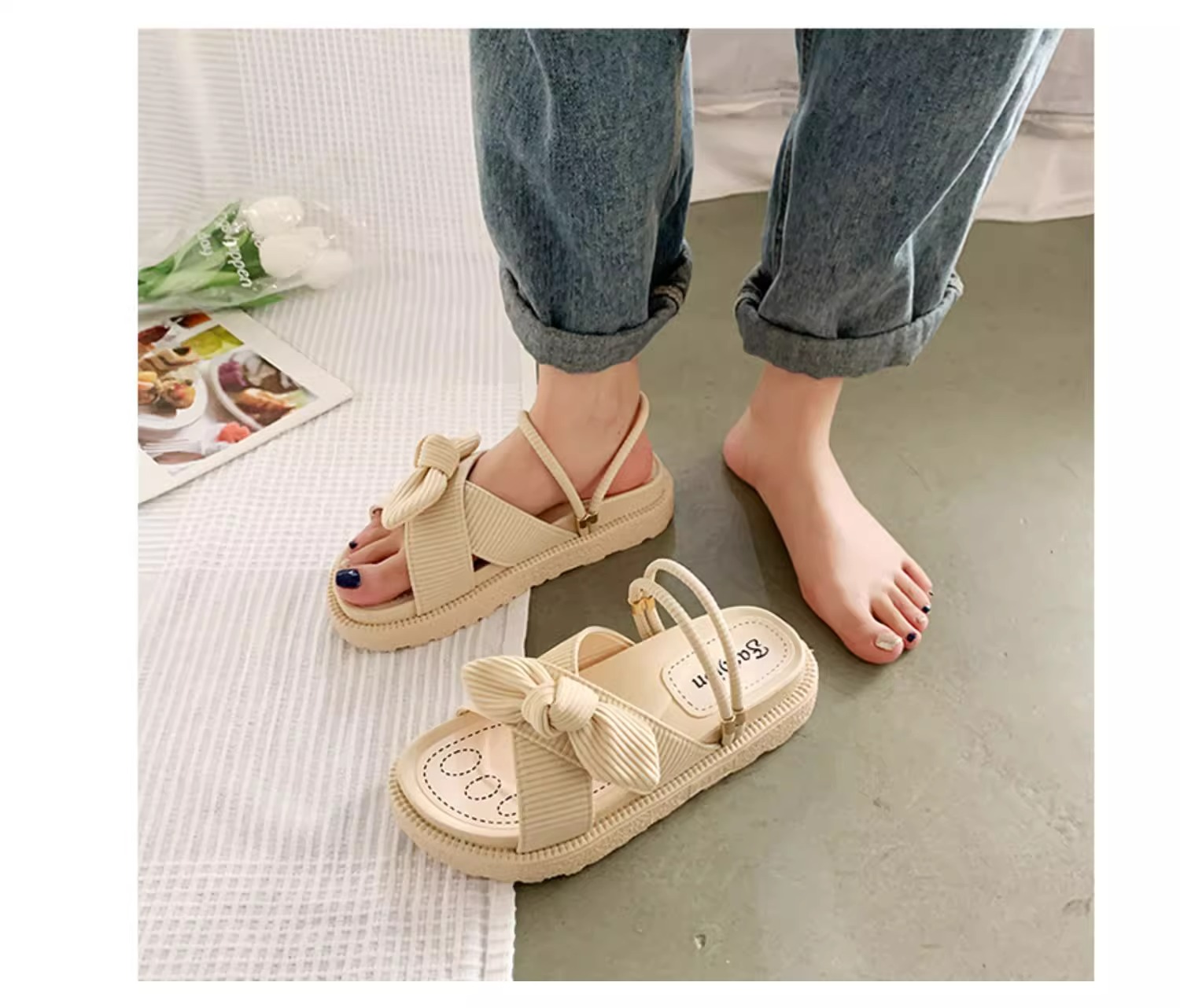 厚底 リボン結び厚底サンダル