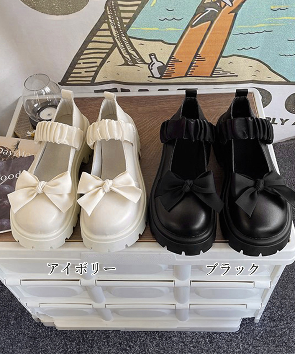 リボン付き厚底ローファー丸形つま先パンプス