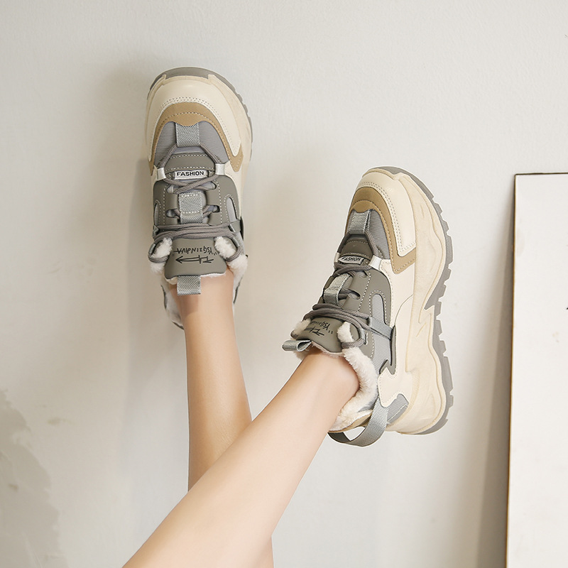 秋冬裏起毛厚底スニーカー　ナチュラル配色ローカット靴