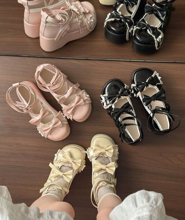 厚底サンダル リボン付きストラップ甘可愛い靴