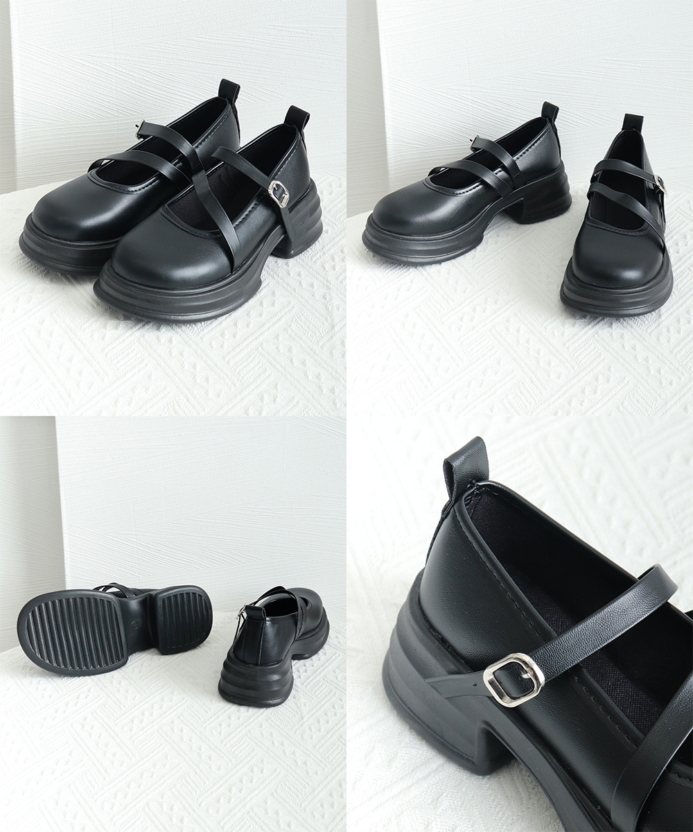 厚底ローファー レディース 二重ベルト 美脚 学院風