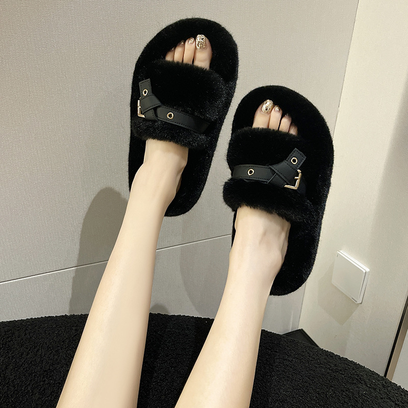 【厚底×ベルトデザイン×上品仕上げ】ふわもこルームスリッパ｜3色展開