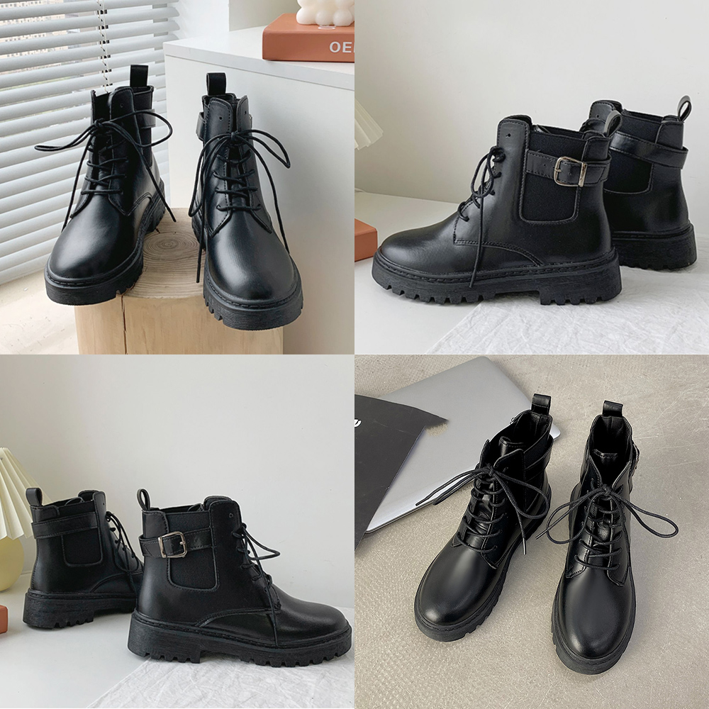 【韓国風×美脚】編み上げ 厚底ショートブーツ｜3.5cmヒール×ベルト付き×スリム設計