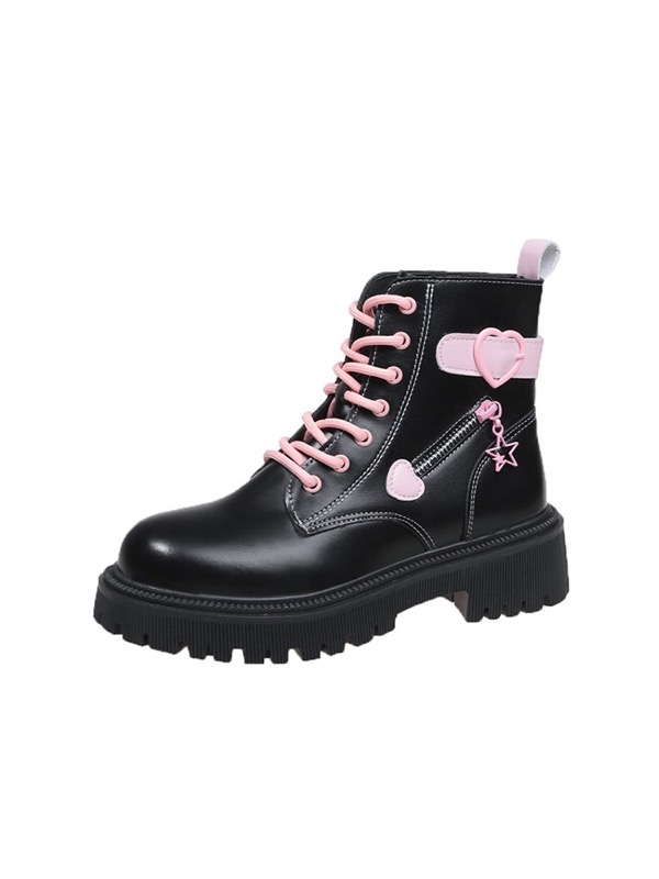 厚底ハイカットブーツ レースアップ合皮ショートブーツ