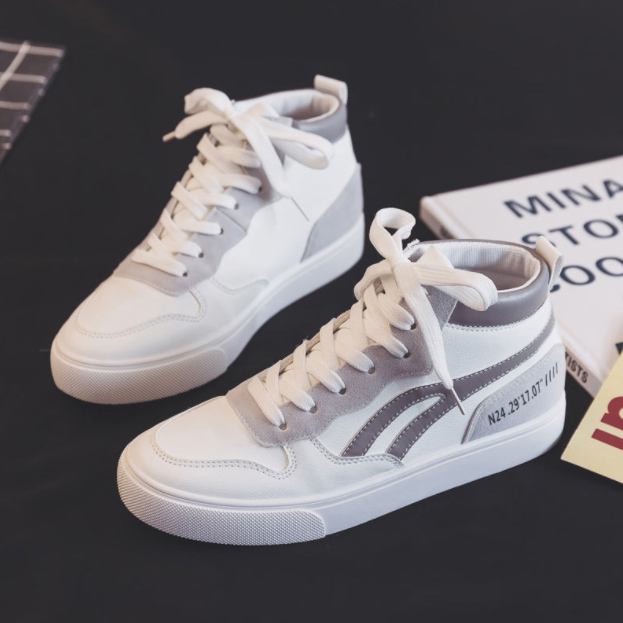 女性用厚底スニーカー白色紐靴滑り止め脚長効果