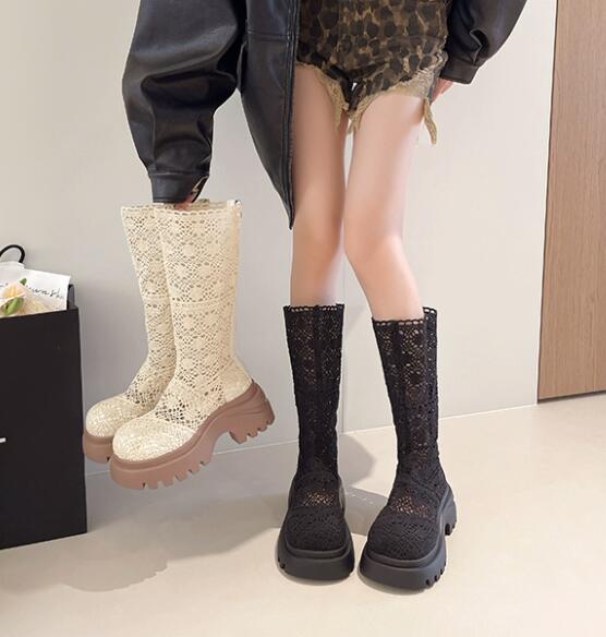 秋冬透かし編みロングブーツ厚底レース柄