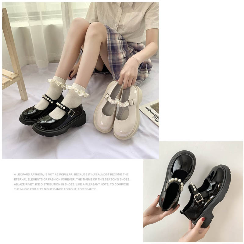 パール装飾ストラップパンプス エナメル風厚底 黒白2色