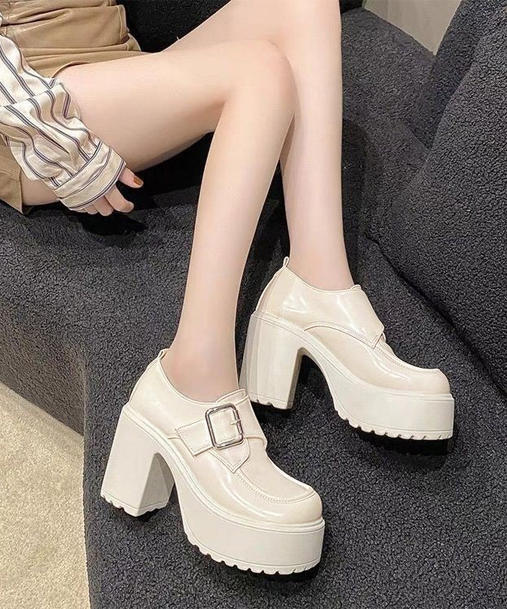 厚底ローファー レディース 太ヒール ベルト付き